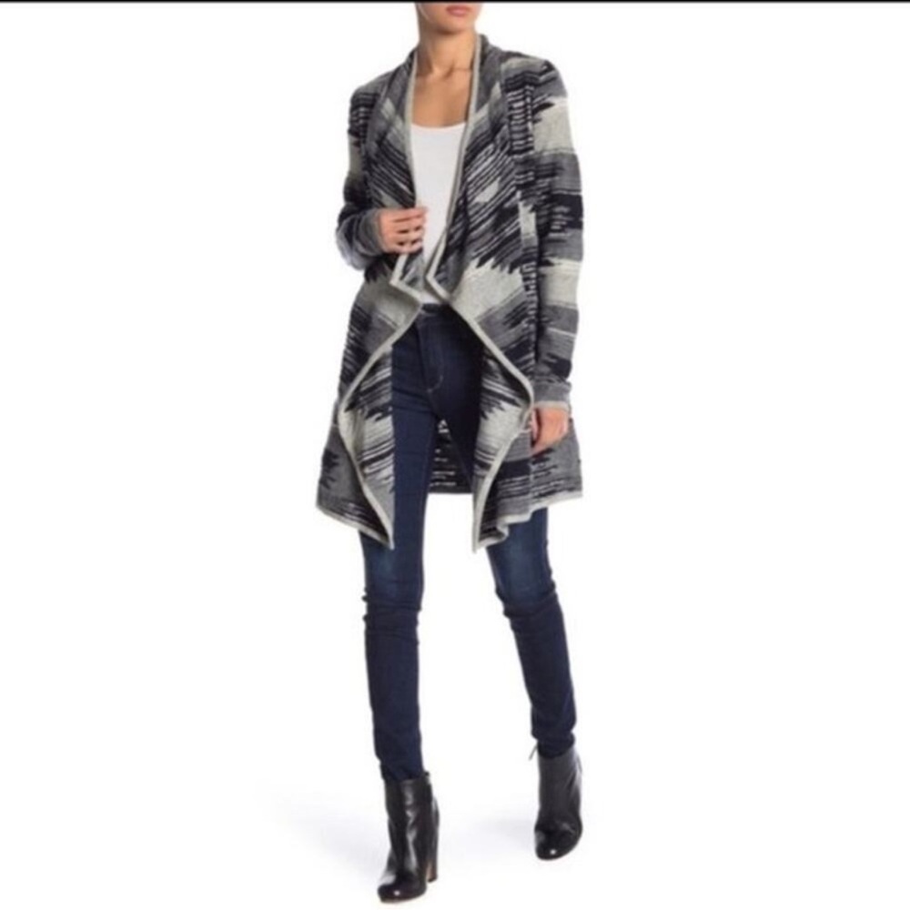 Lucky Brand Gray and Black Boho Southwestern Open Front Sweater Cardigan L